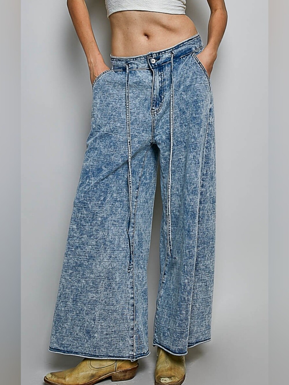 #1849 POL Free Spirit French Terry Wide-Leg Pants - Denim